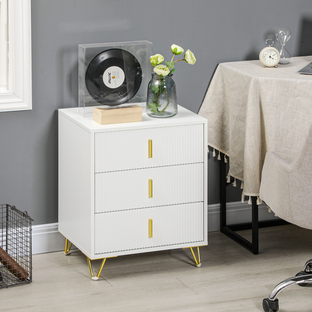 HOMCOM 3 Drawer Chest of Drawers with Ridged Front and Gold Accents – Bedroom Storage Cabinet, White