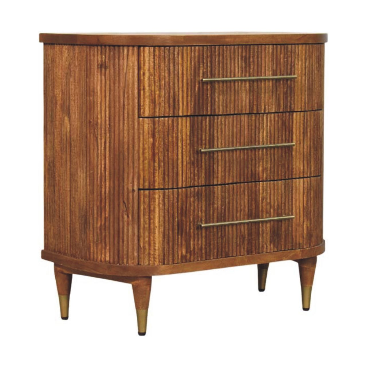 Artisan Furniture Emerson Ribbed Chest of 3 Drawers – Solid Mango Wood with Brass Handles, Amber Oak Brown