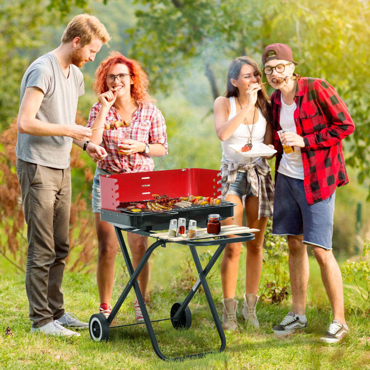 Outsunny Foldable Charcoal BBQ Grill with Wheels & Wooden Side Shelf – Portable Garden Barbecue, Red & Black