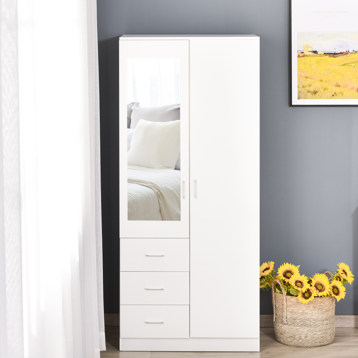 2-Door Wardrobe with Hanging Rail, 3 Shelves & 3 Drawers – 180cm Bedroom Storage, White