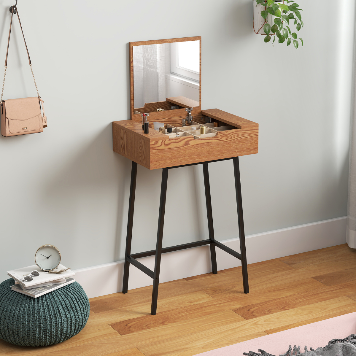HOMCOM Industrial Vanity Desk with Flip-Up Mirror, 16 Hidden Compartments and Steel Legs – Natural Wood Effect