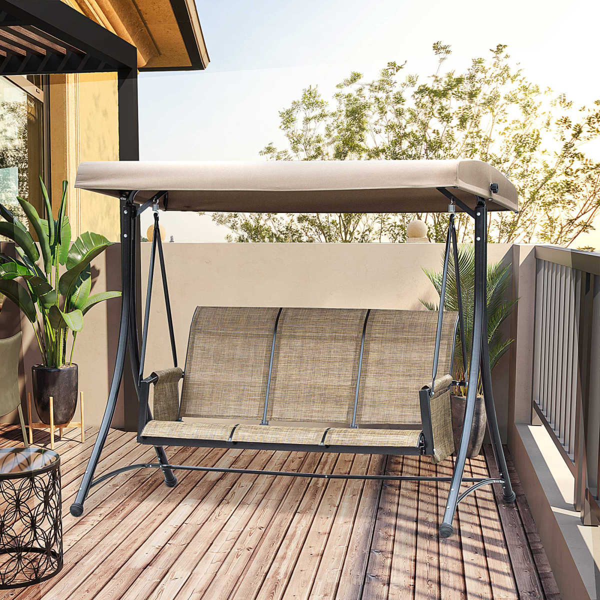 Outsunny 3 Person High Back Garden Swing Chair with Adjustable Canopy & Side Pouches – Outdoor Seat, Brown
