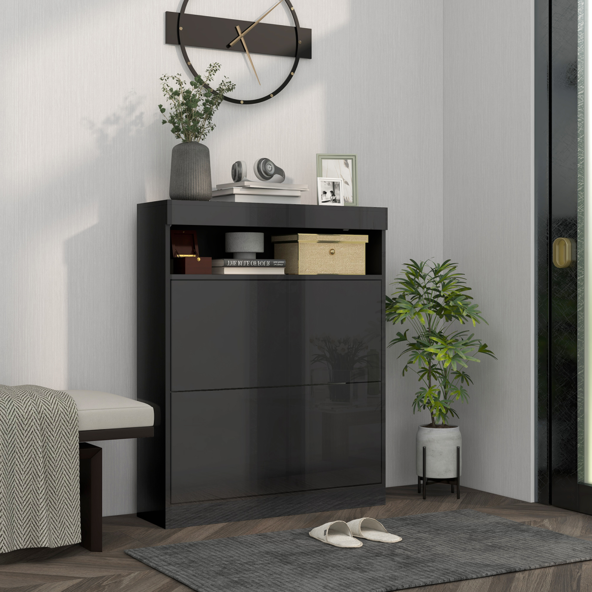 HOMCOM Wall Mounted or Freestanding Shoe Cabinet with 2 Flip Drawers – Slim Hallway Storage, Black