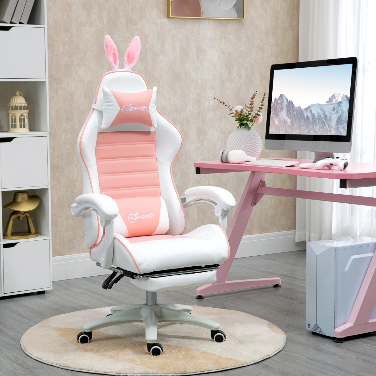 Vinsetto Pink Gaming Chair with Removable Bunny Ears, Retractable Footrest & Reclining Backrest