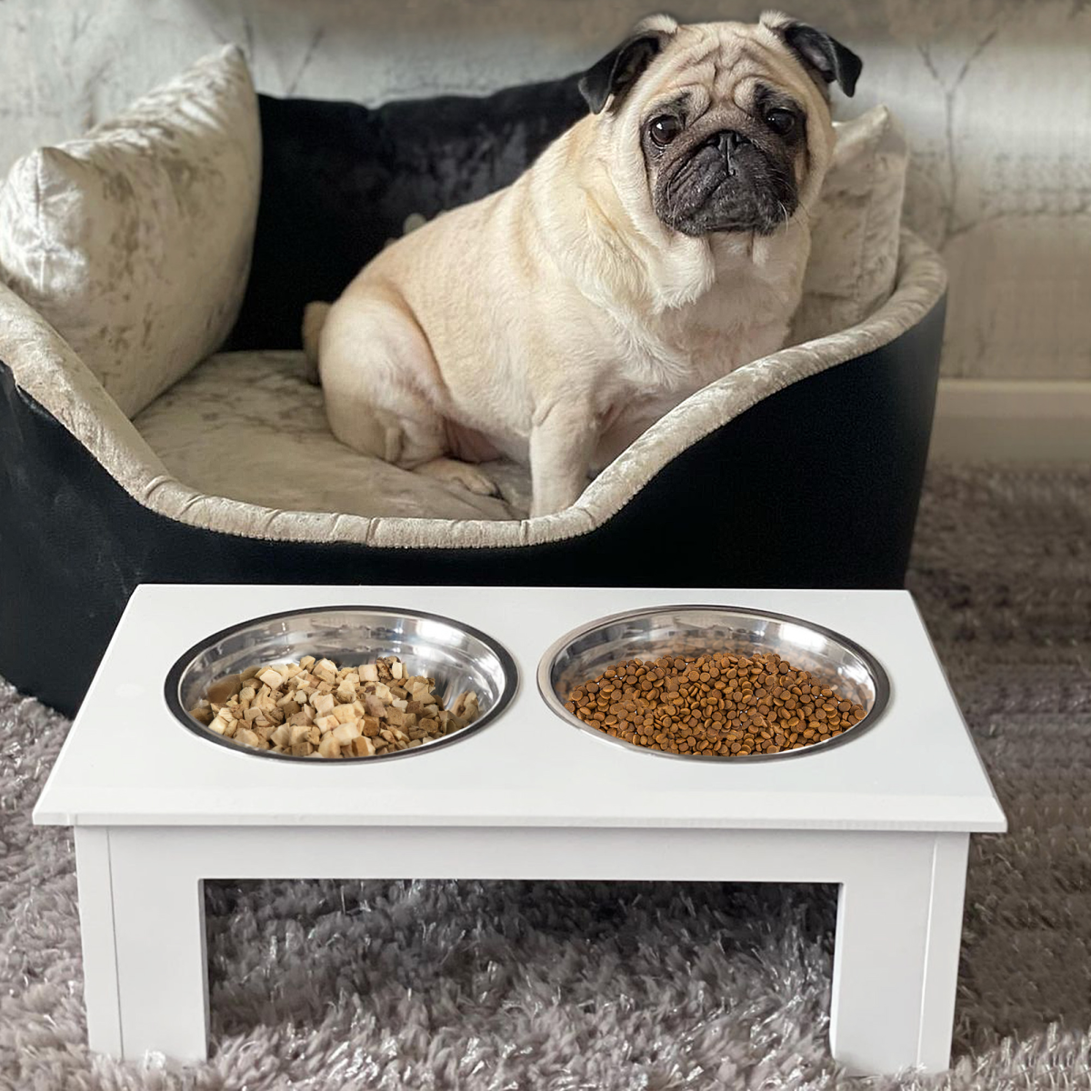 Raised Double Pet Feeder with 2 Stainless Steel Bowls & Non-Slip Stand – Elevated Dog Feeding Station, White