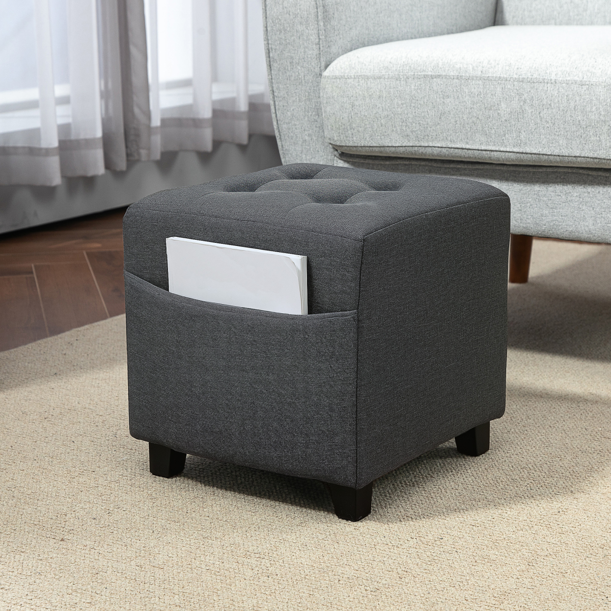HOMCOM Small Square Footstool Ottoman with Padded Button-Tufted Seat and Side Pocket – Living Room, Grey