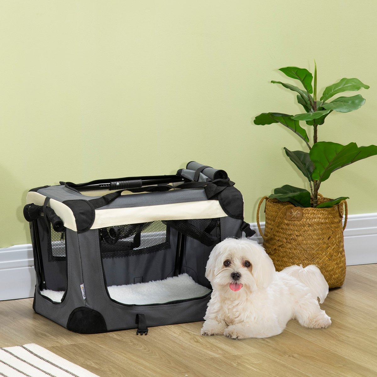 Pawhut 51cm Foldable Pet Carrier with Cushion, 3 Doors & Mesh Windows – For Mini Dogs and Cats, Grey
