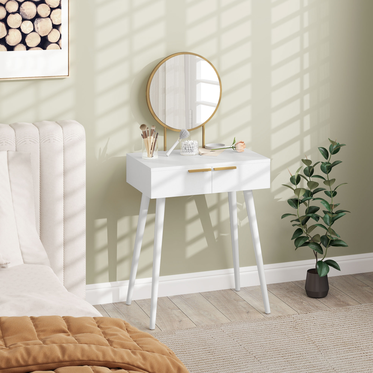 HOMCOM Modern Dressing Table with 2 Drawers & Round Mirror – Bedroom Vanity Table, White
