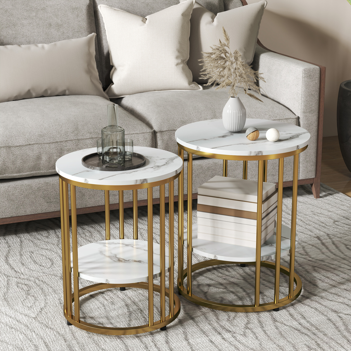HOMCOM Set of 2 Marble-Effect Two-Tier Tables with Gold Tone Steel Legs – Coffee & Side Tables, White