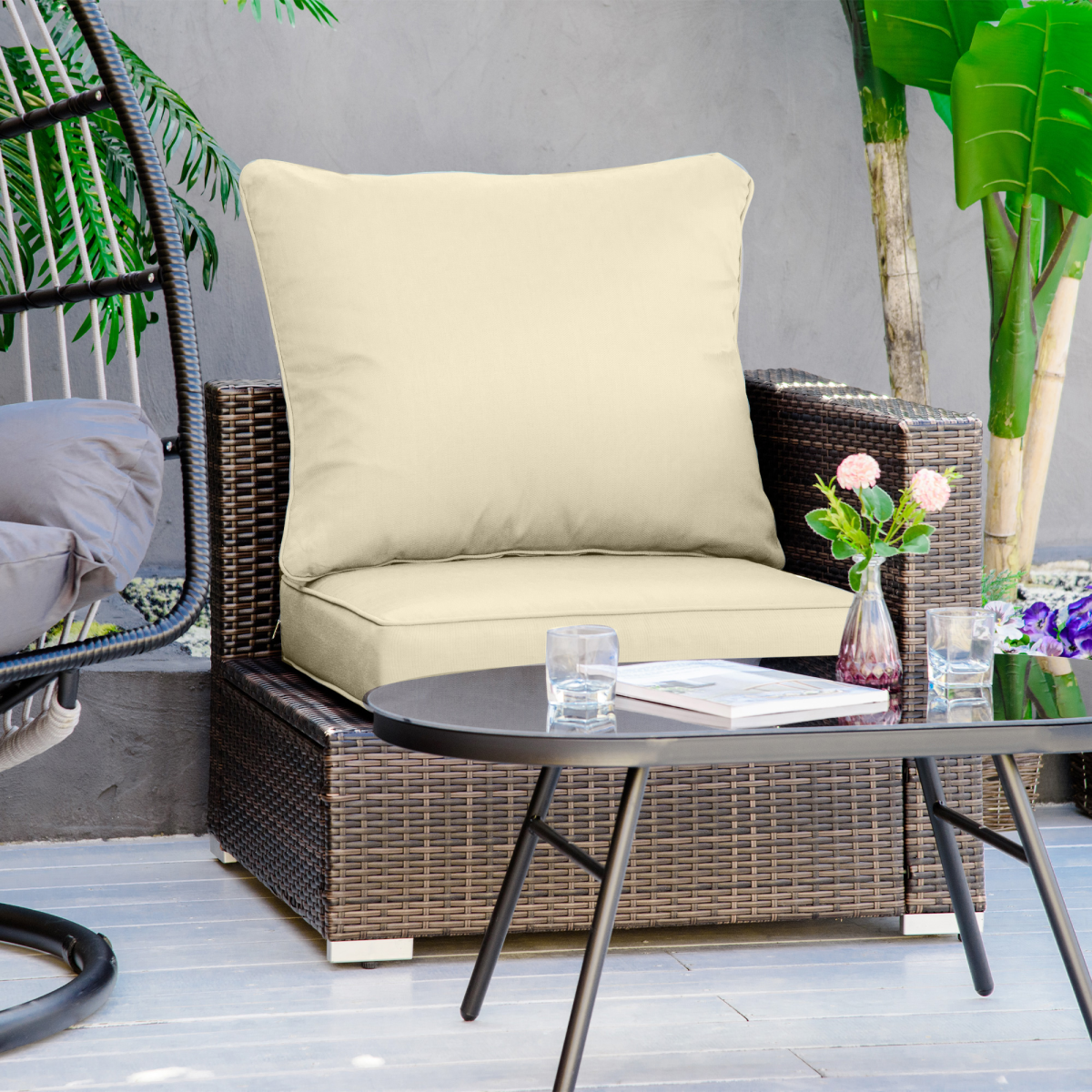 Outsunny Outdoor Seat and Back Cushion Set with 15cm Thick Filling – Deep Seating Garden Chair Cushions, Beige