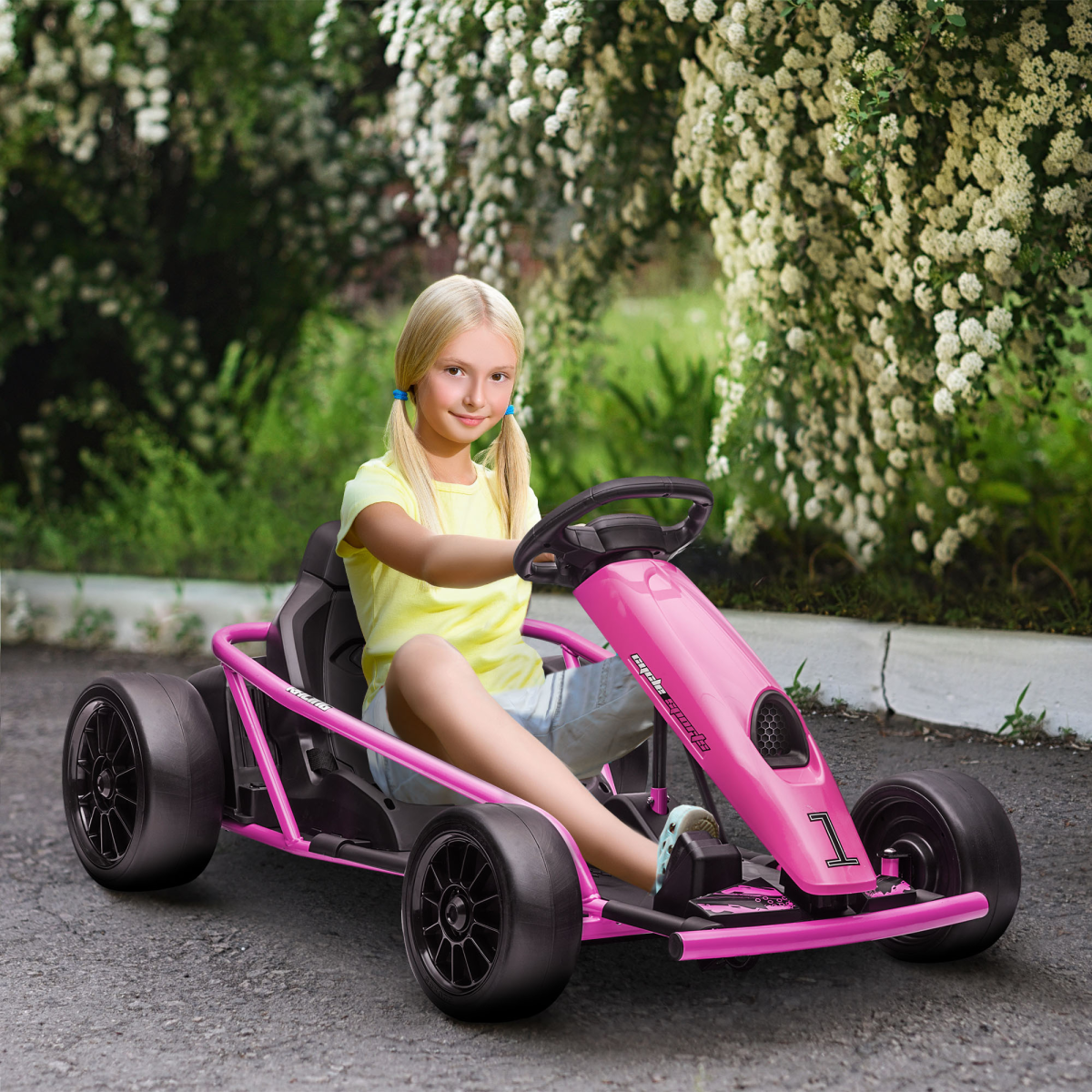 HOMCOM 24V Electric Go Kart for Kids with Music, Horn & Slow Start – Drifting Ride-On, Pink