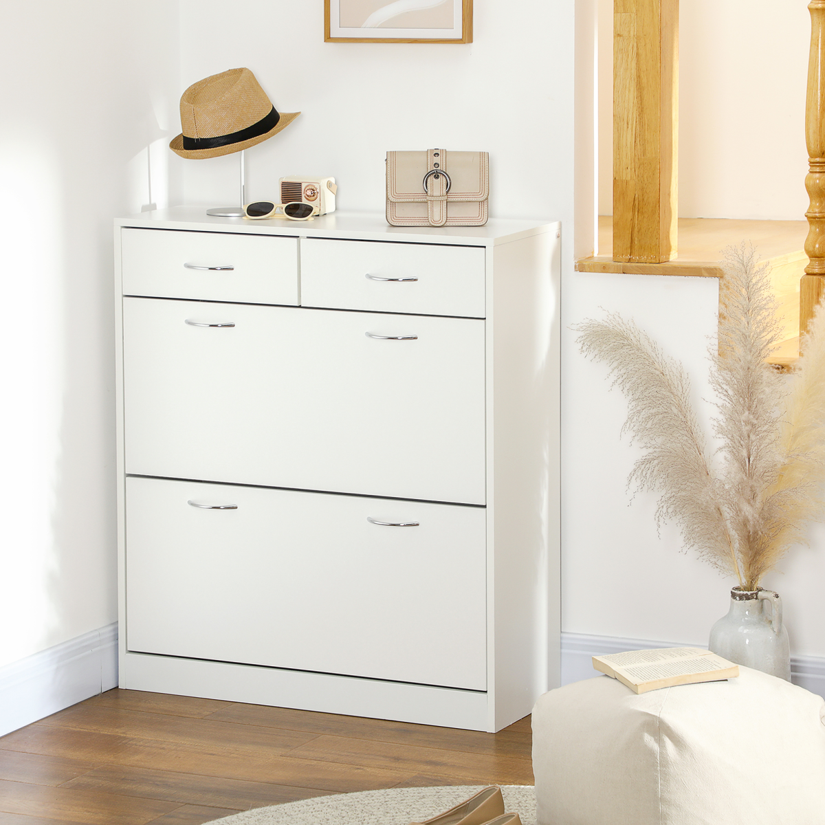 HOMCOM Slim Shoe Cabinet with 2 Flip Drawers, 12 Pairs – Tall Space-Saving Hallway Storage, White