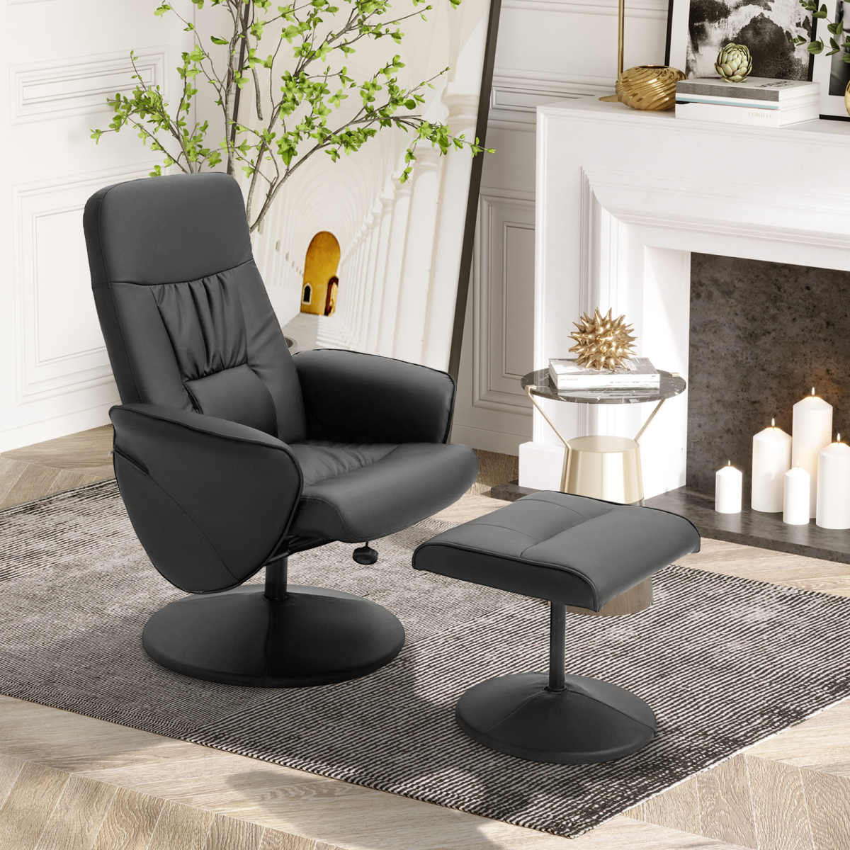Reclining 360° Swivel Armchair & Ottoman Set in Black PU Leather – Relaxation Chair with Footstool