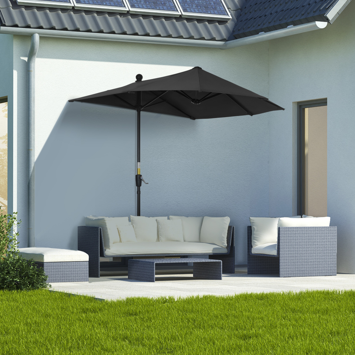 Outsunny 2m Half Garden Parasol with Crank Handle & Double-Sided Canopy – Wall-Side Shade, Black Base