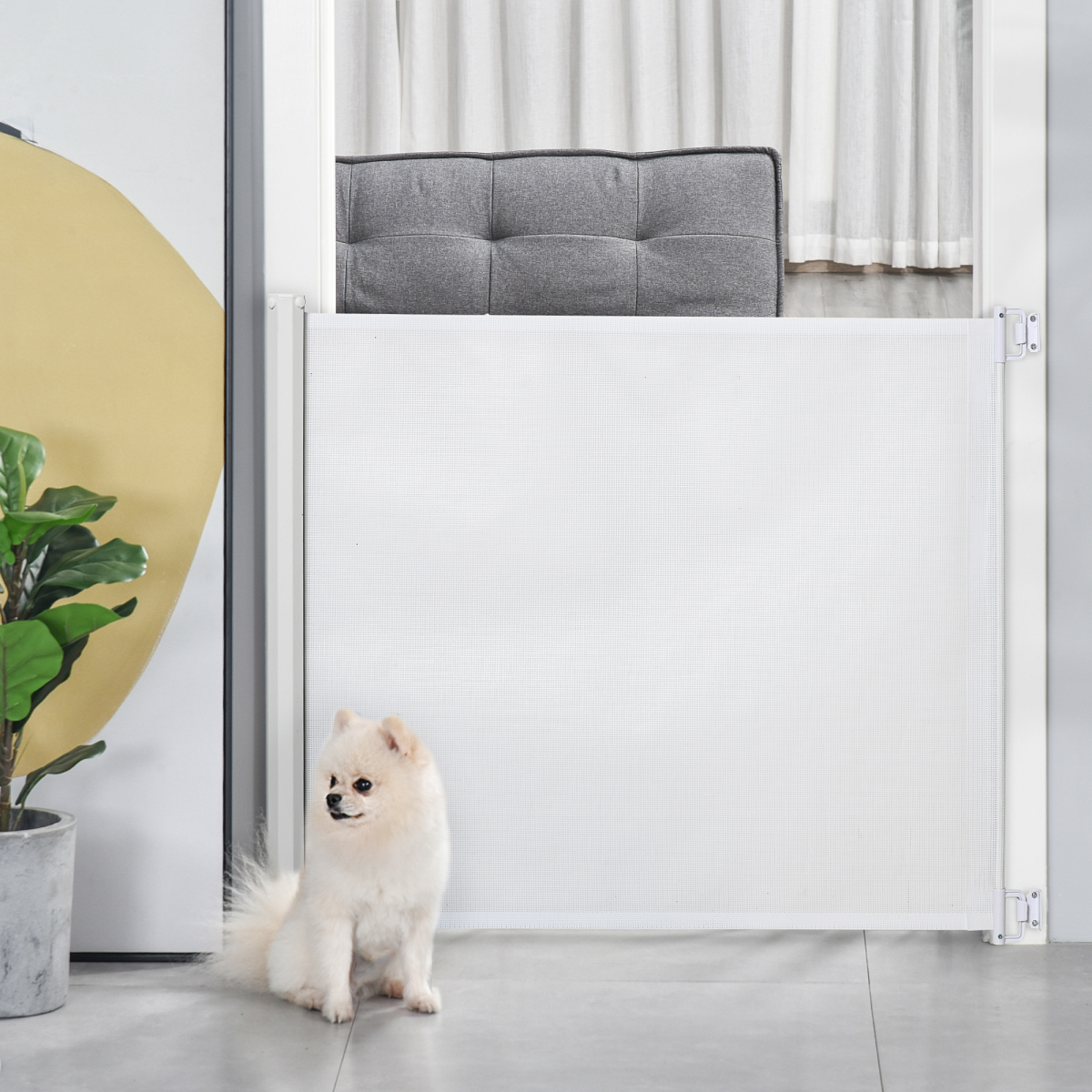 PawHut Retractable Pet Safety Gate, Folding Stair Barrier with Breathable Mesh, 115 cm – White