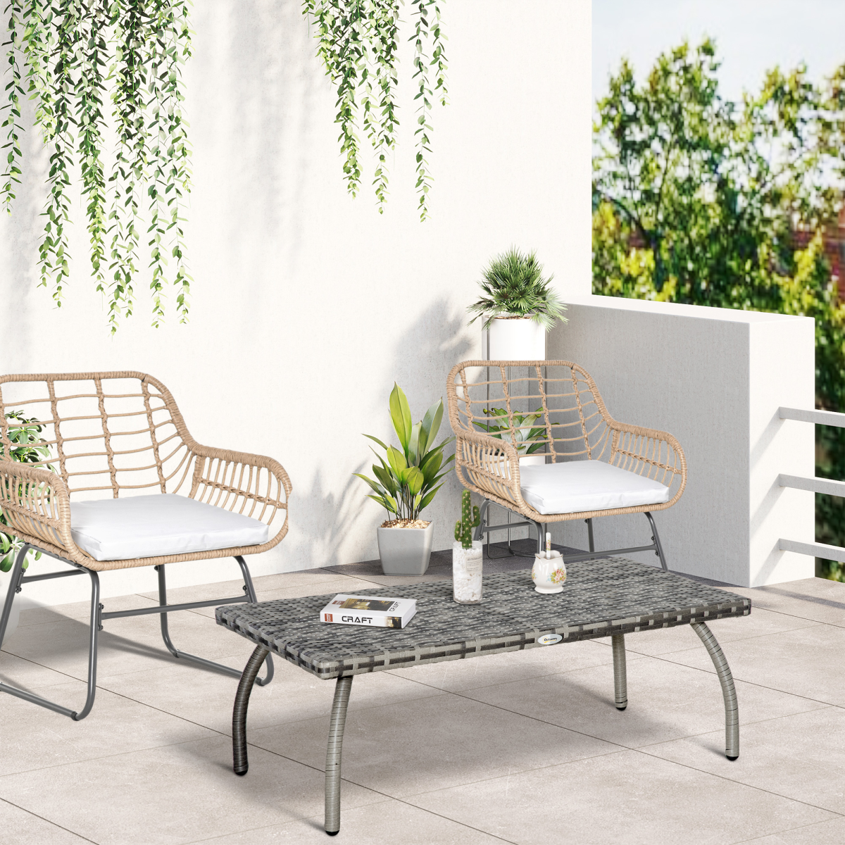 Outsunny Rattan Coffee Table with Heavy-Duty Steel Frame & PP Board Top – Patio Wicker Table, Grey