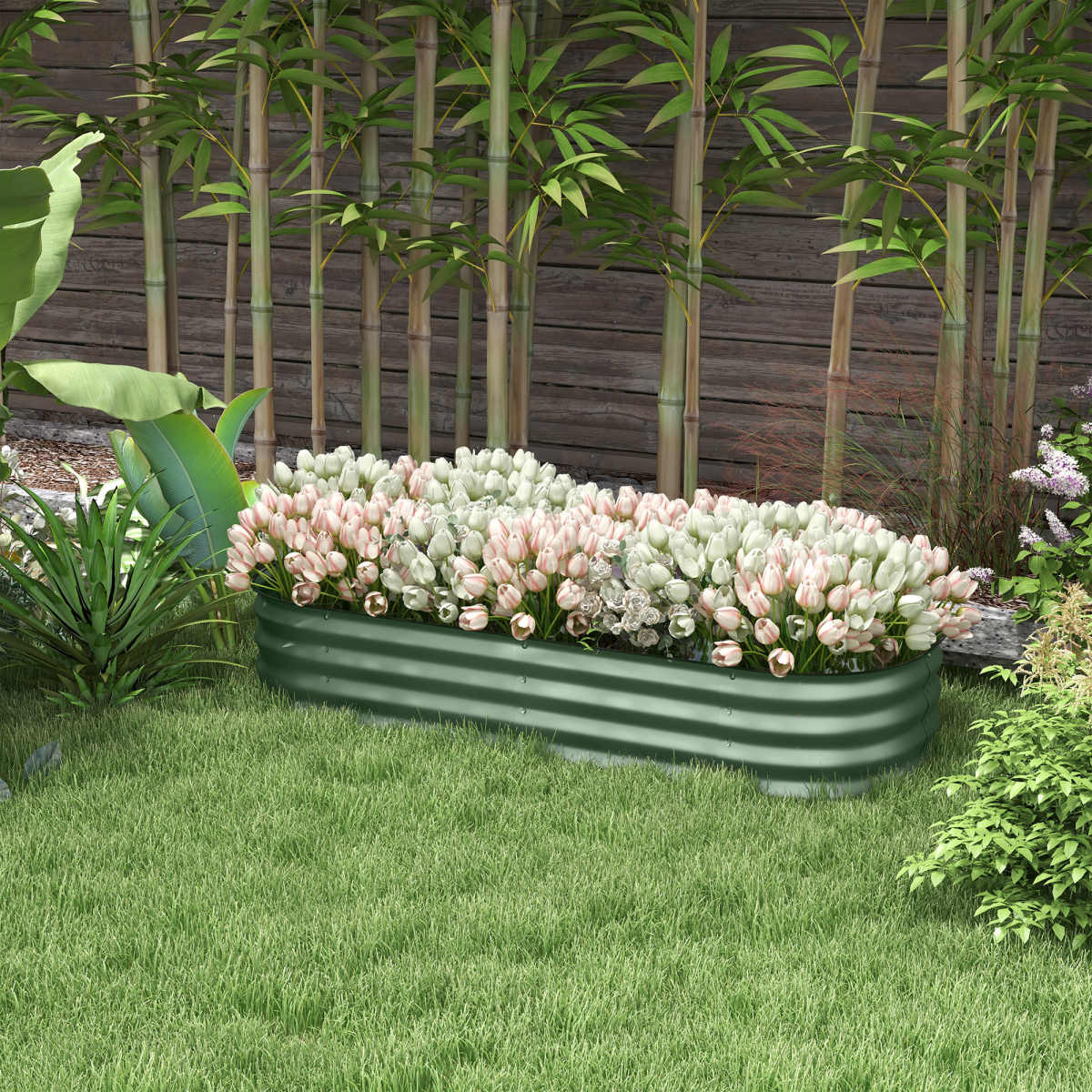 Outsunny Galvanised Steel Raised Garden Bed with Safety Edging – Changes Between Round, Oval and Oblong, Green