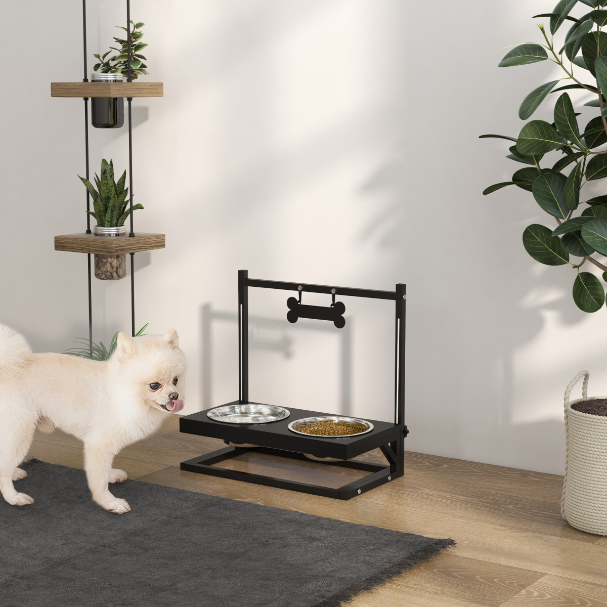 PawHut Raised Dog Bowl Stand with Two Stainless Steel Bowls – Adjustable Height Feeder, Black