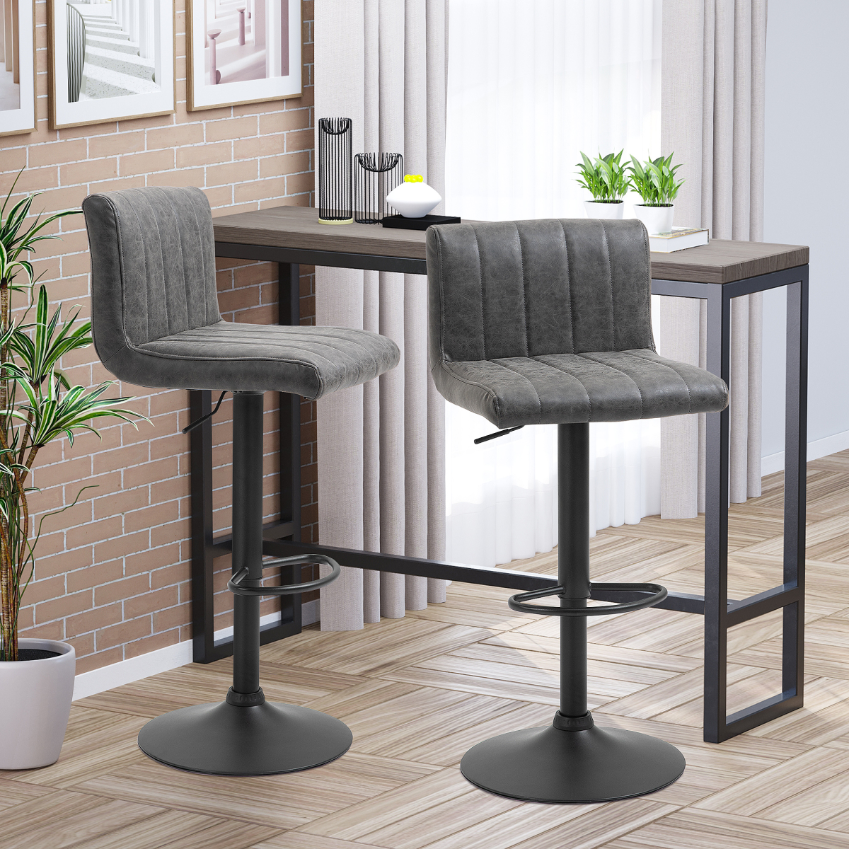 HOMCOM Set of 2 PU Leather Adjustable Bar Stools with Footrest – Swivel Counter Seating, Grey