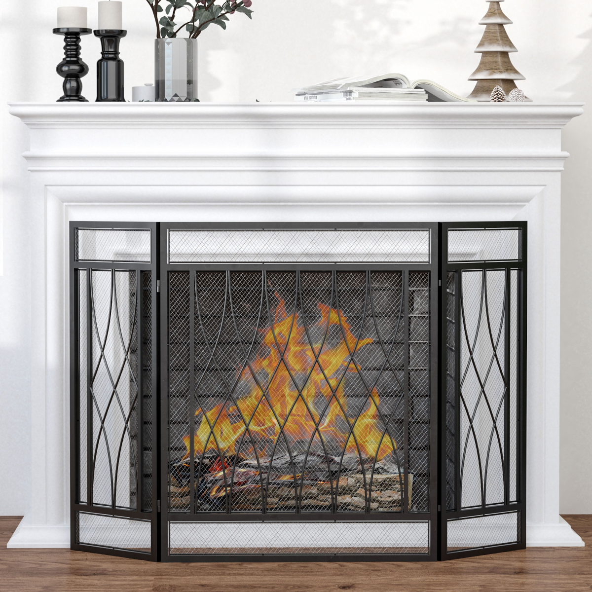 HOMCOM 3-Panel Folding Fireplace Screen with Curved Diamond Design – Black Metal Mesh Spark Guard