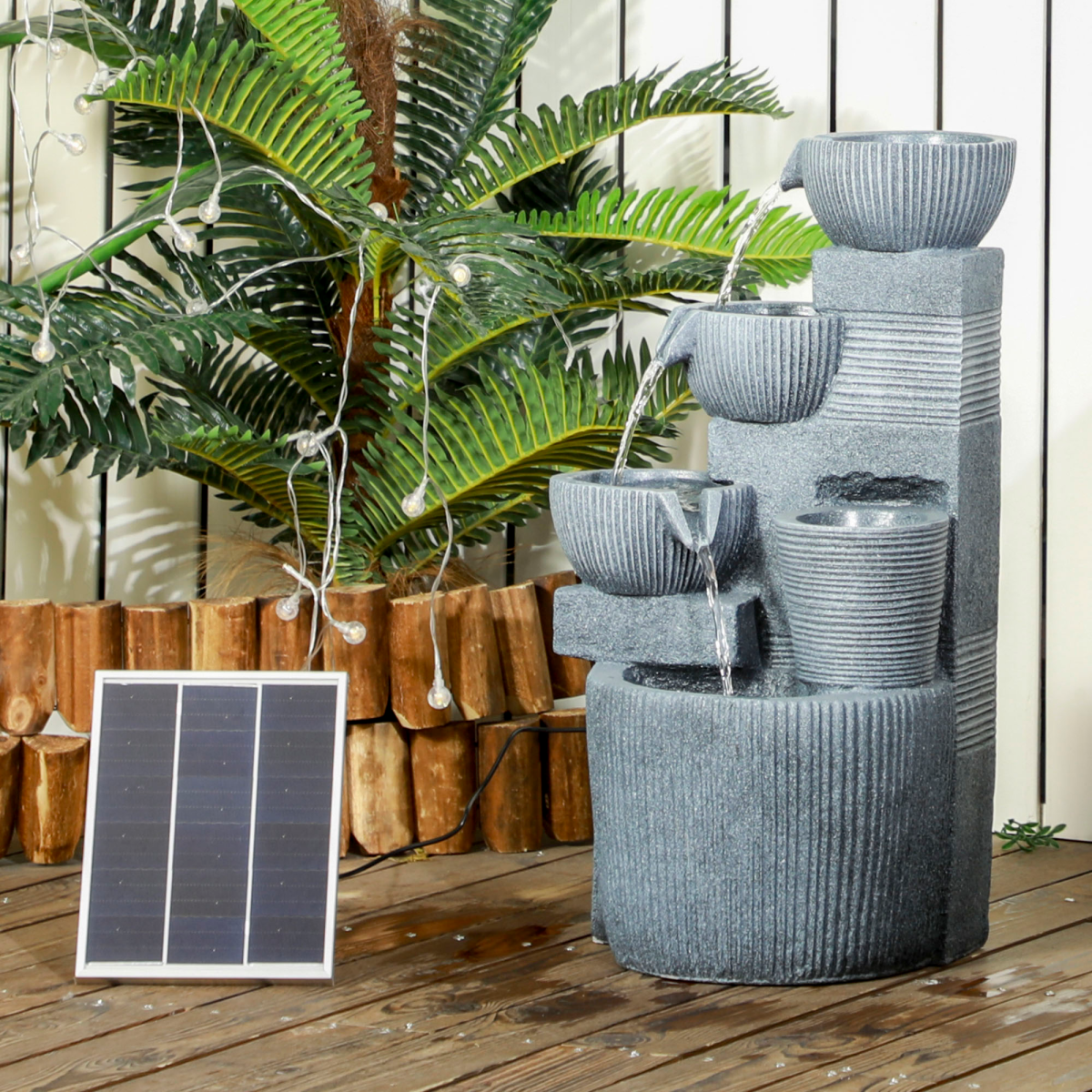 Outsunny Solar Powered Water Fountain with Waterfall, LED Lights & Flower Pot – Garden Water Feature, Dark Grey