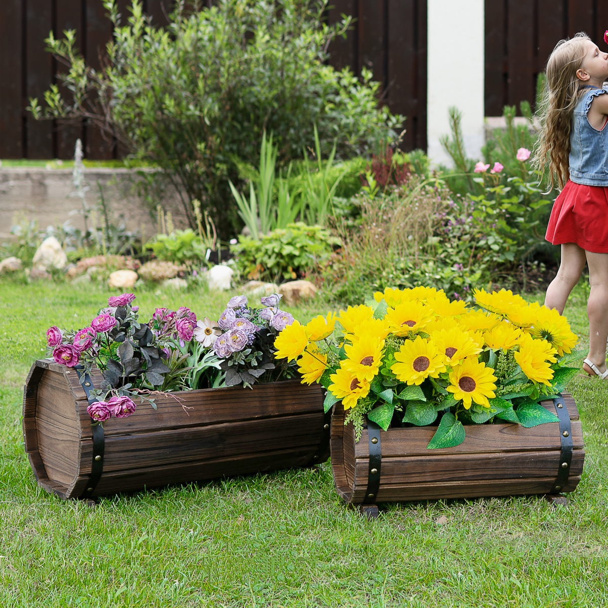 Outsunny Set of 2 Solid Wood Raised Planter Boxes – Carbonised Wooden Flower Beds for Garden, Patio and Balcony