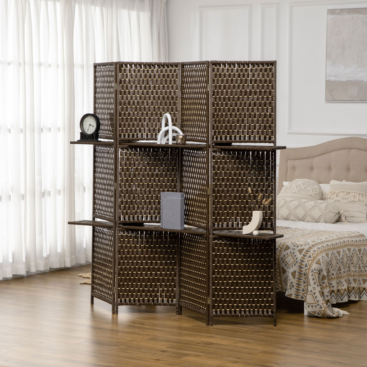 4-Panel Folding Room Divider with Shelves – Woven Wicker Effect Privacy Screen with Wood Frame, Brown