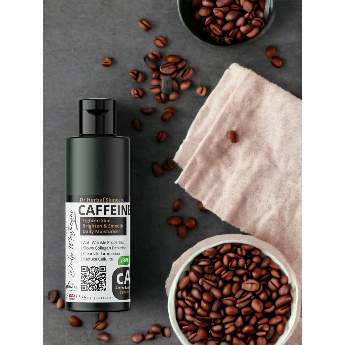 Dr Herbal Caffeine Daily Moisturiser 75ml with Coconut Oil, Silk Amino Acids & Peptides – Face Cream
