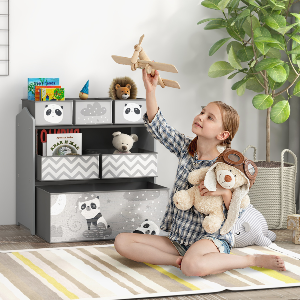ZONEKIZ Kids Storage Unit with 6 Boxes – Toy Storage Organiser for Ages 3-8, Grey