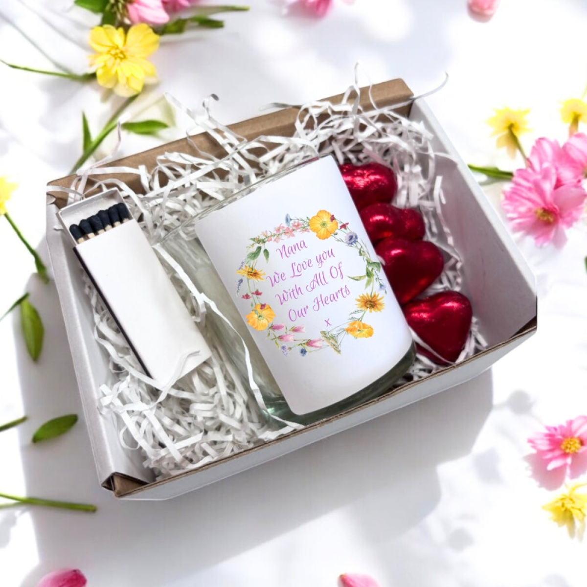 Nana We Love You Candle Gift Set with Heart Chocolates – Fresh Linen Scent