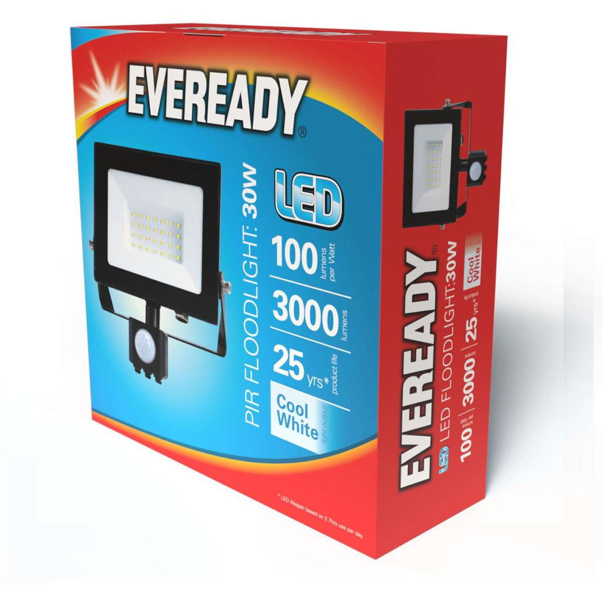 Eveready 30W LED PIR Floodlight with Quick Fix Bracket – 3,150 Lumen Security Light, Cool White 4,000K