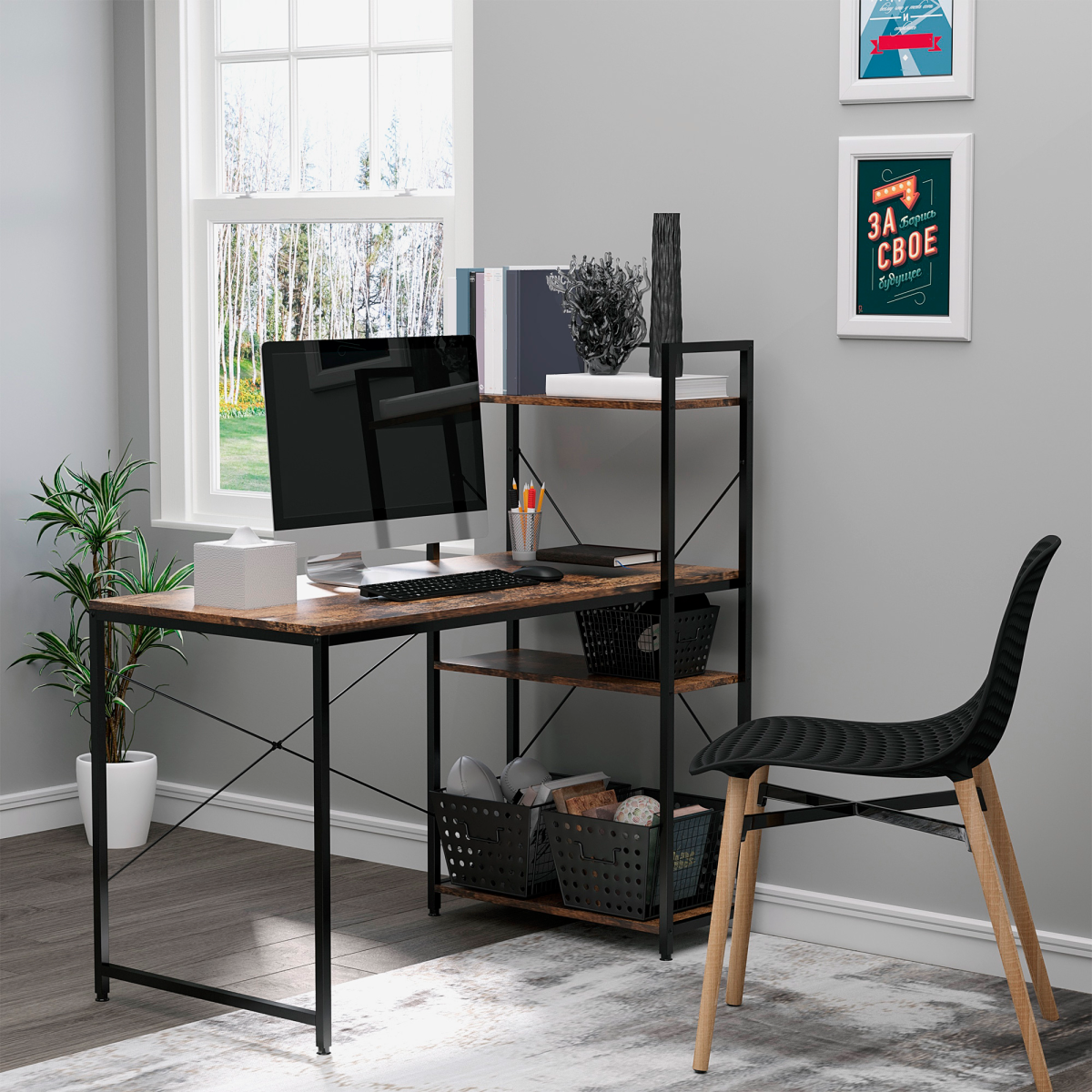 HOMCOM Computer Desk with 4-Tier Bookshelf – Home Office Study Workstation with Storage