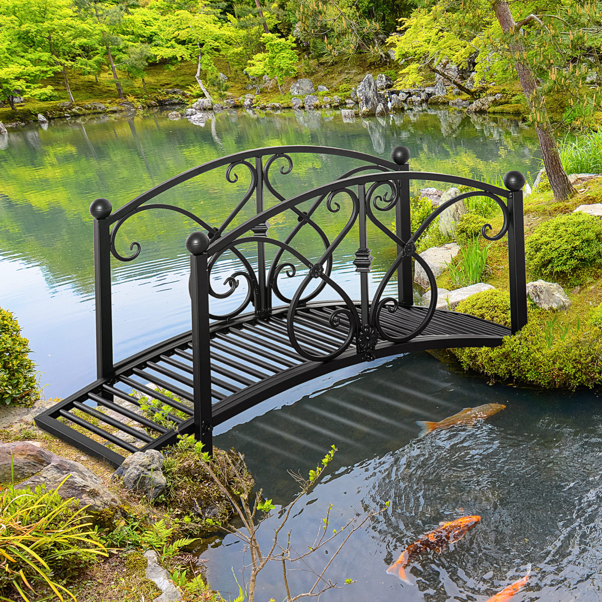 Outsunny Decorative Metal Garden Bridge with Safety Rails, 102cm – Arched Footbridge for Streams & Ponds