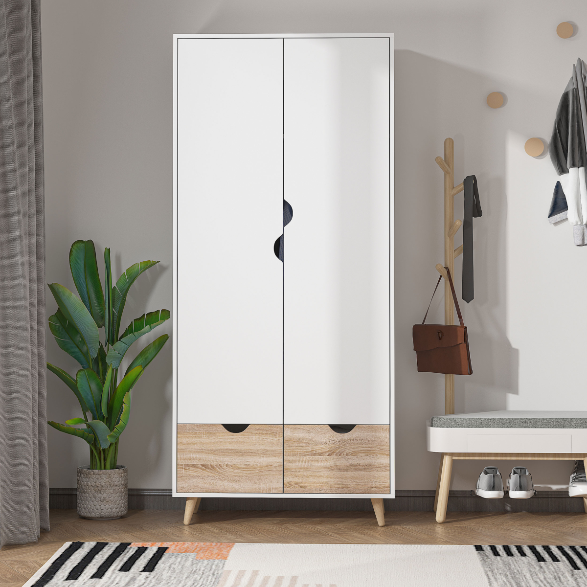 HOMCOM 2-Drawer Wardrobe with Hanging Compartment – Bedroom Clothes Storage, White & Oak