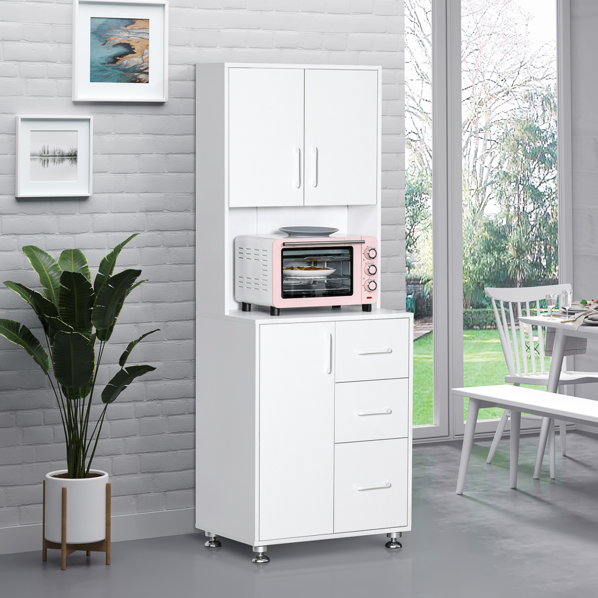 HOMCOM Kitchen Buffet with 2 Cabinets, 3 Drawers and Microwave Rack – 60x40x150cm Storage Cupboard, White