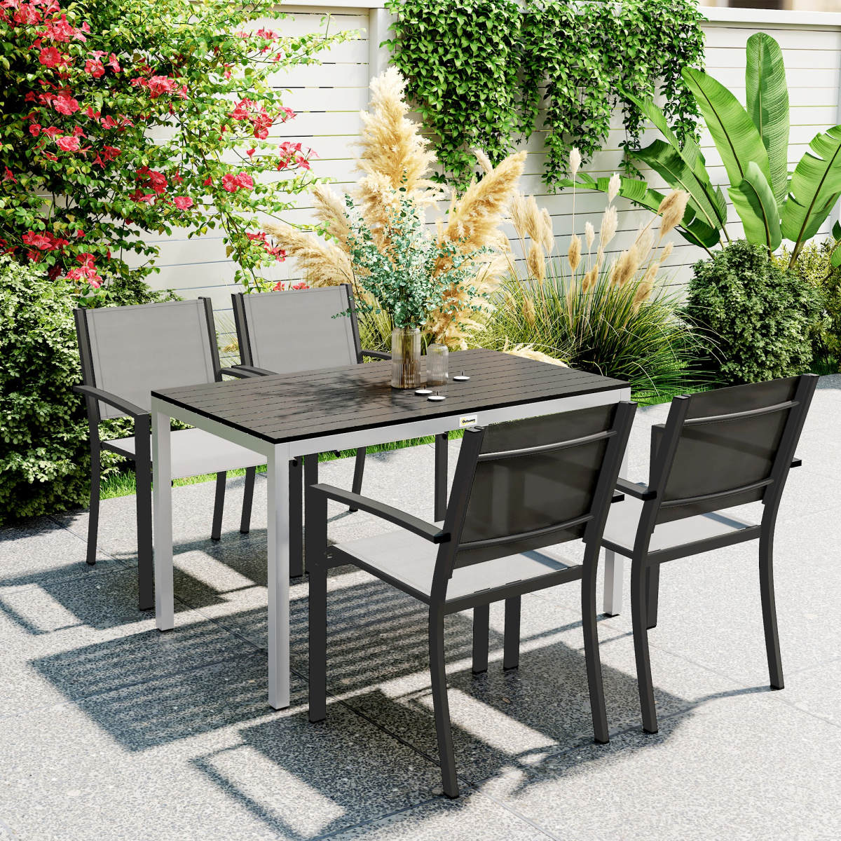 Outsunny Garden Table for 4-6 with Aluminium Frame & Slatted Top, 120 x 70 cm – Outdoor Patio Table, Black