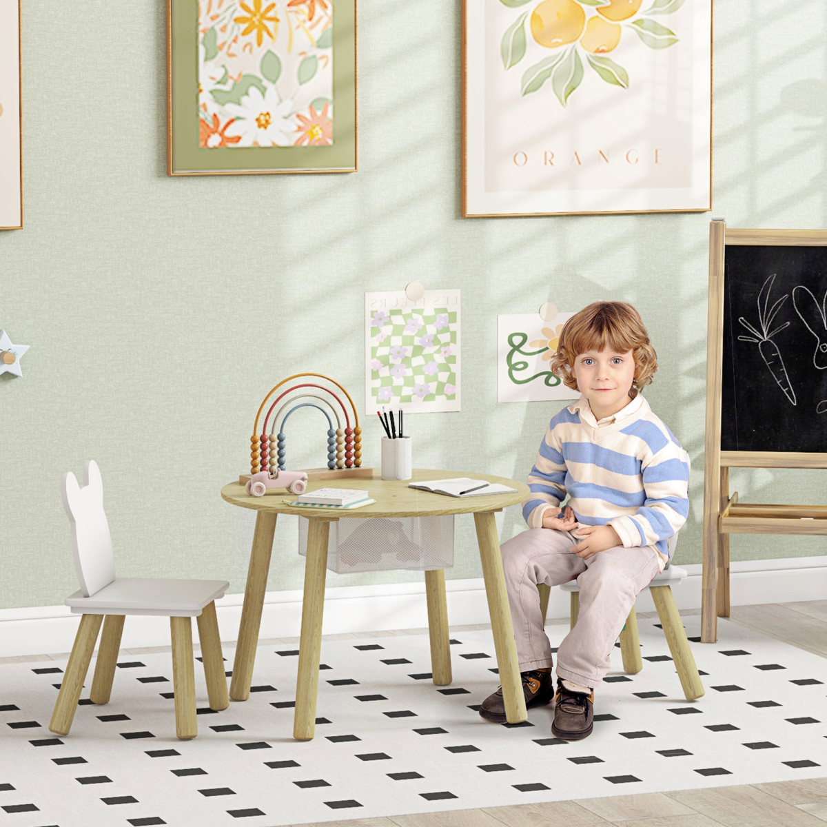 AIYAPLAY 3-Piece Toddler Table and Chair Set with Centre Mesh Bag – Bear Backrests, White and Natural Wood