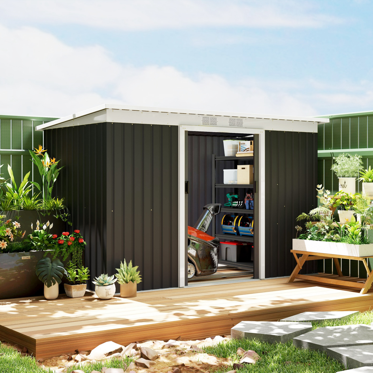 Outsunny 9 x 4ft Galvanised Steel Garden Storage Shed with 2 Sliding Doors & Ventilation Slots – Outdoor Tool Storage, Grey