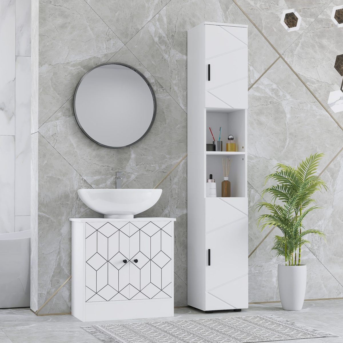 kleankin Tall Slim Bathroom Cabinet with Soft Close Doors & Open Shelves – Freestanding Storage, White