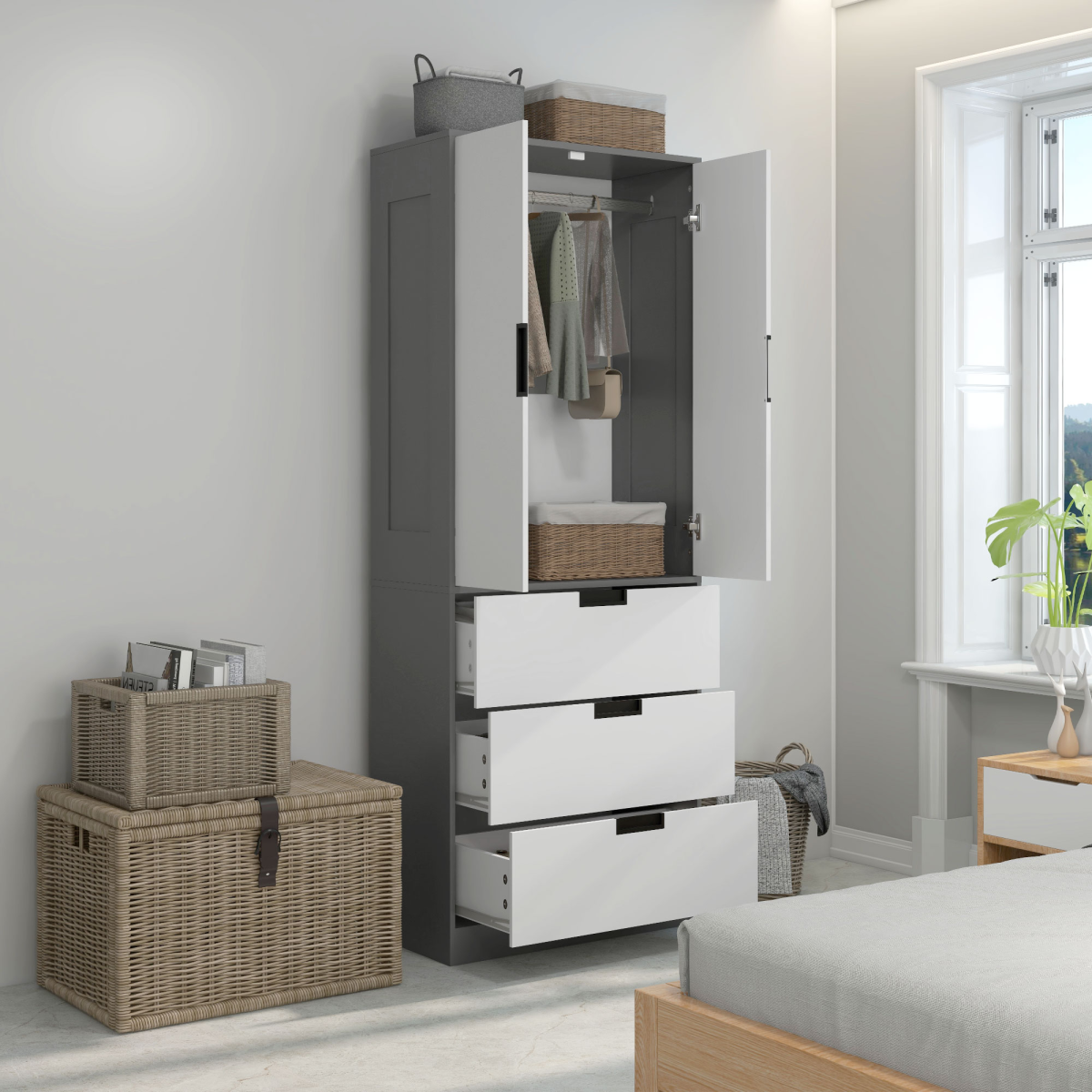 HOMCOM 2-Door Wardrobe with 3 Drawers & Hanging Rail – Bedroom Storage, White & Grey