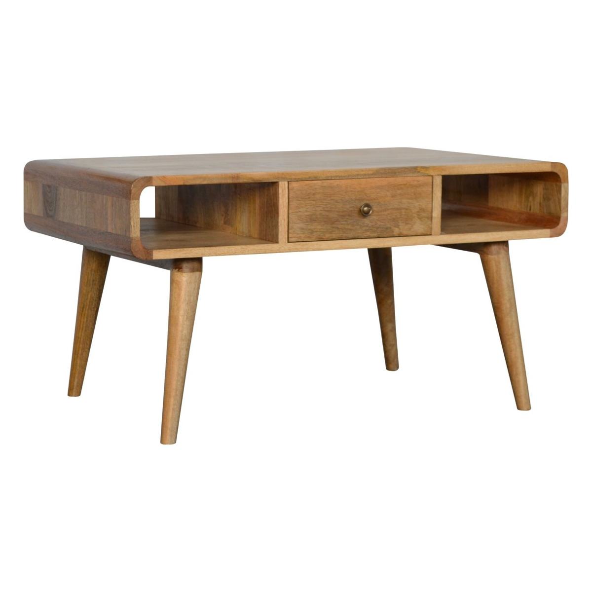 Artisan Furniture Solid Wood Curved Coffee Table with 2 Drawers & 2 Open Slots, Oak-ish Finish – Beige