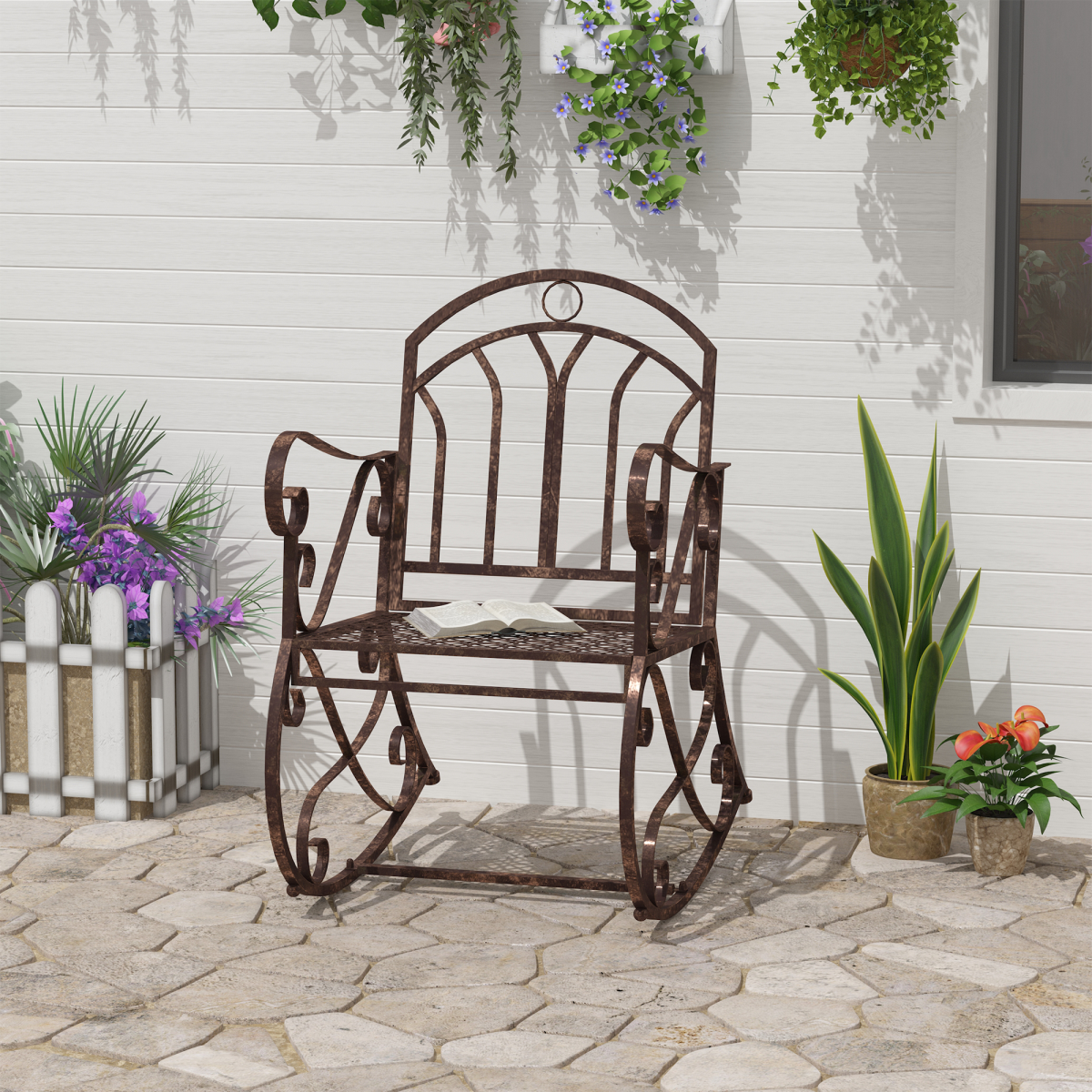 Outsunny Metal Rocking Chair with Armrests & Extra-Wide Seat – Garden Porch Rocker, Bronze Finish