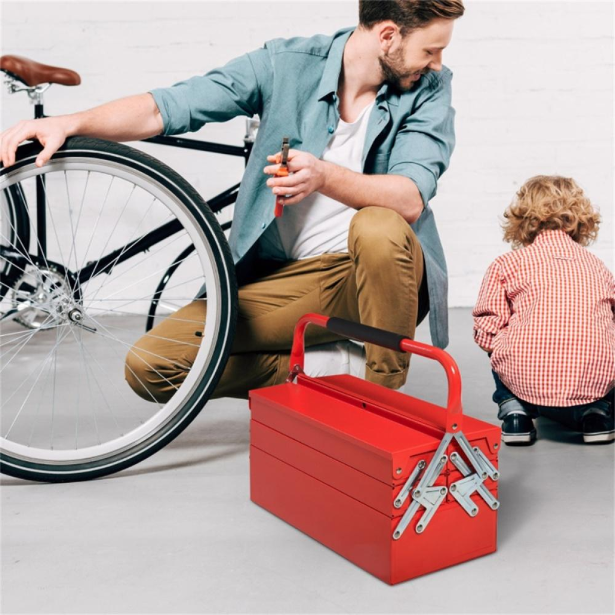 Folding Tool Box with 5 Collapsible Trays – Rust-Resistant Steel Organiser for Home and Workshop, Red