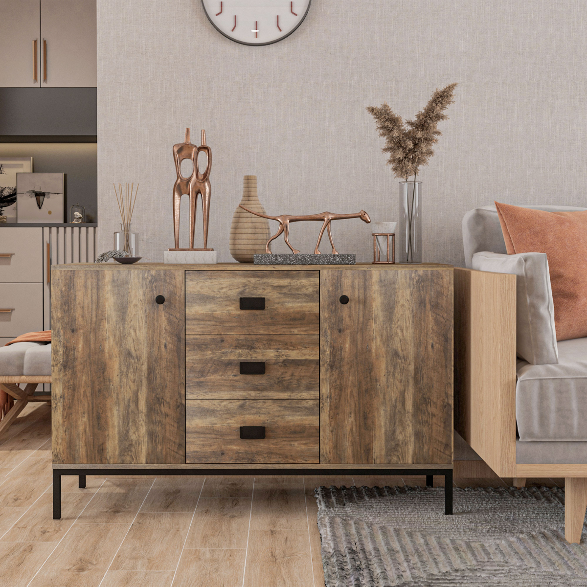 HOMCOM Industrial Sideboard Storage Cabinet with 3 Drawers & 2 Cabinets – Distressed Brown