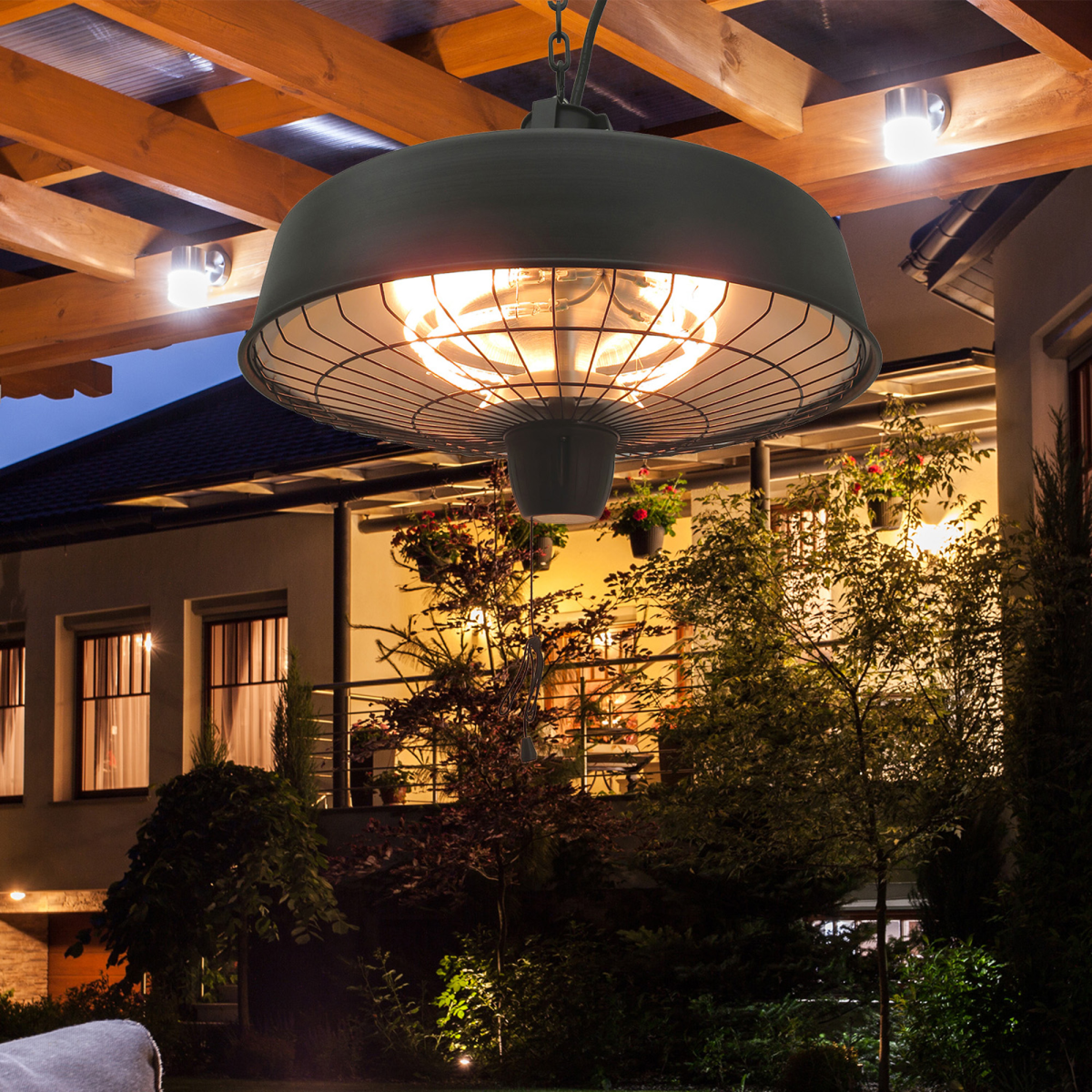 HOMCOM Hanging Halogen Infrared Patio Heater, 1000W/2500W with Chains – Gazebo & Pergola Heater, Black