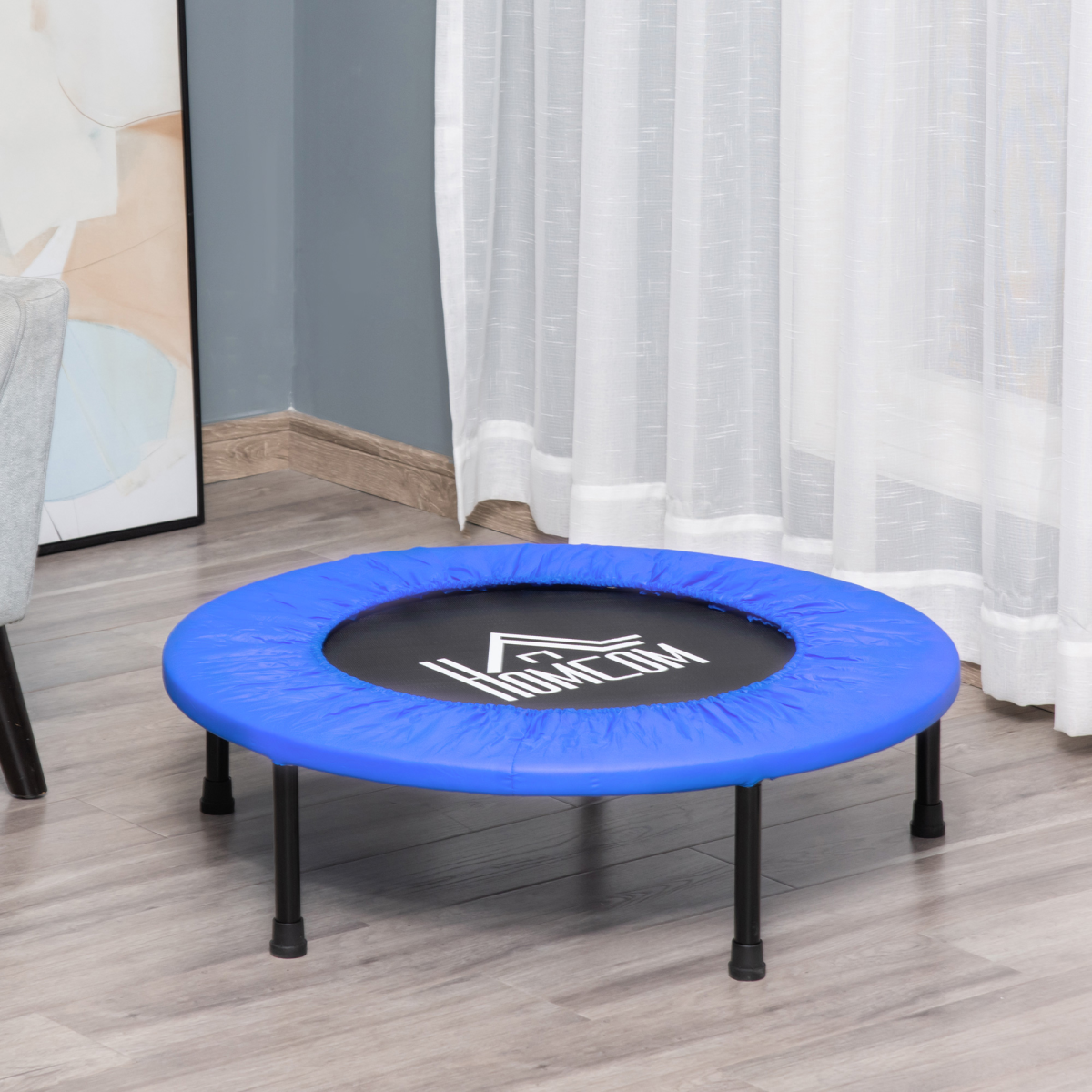 HOMCOM Φ81cm Folding Fitness Trampoline with Padded Edge, 100kg Max Load – Home Cardio Rebounder, Blue and Black