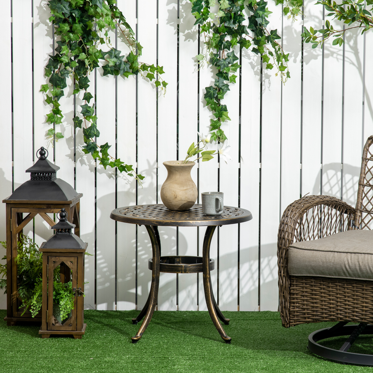 Outsunny 60cm Round Garden Side Table with Hollow Top – Cast Aluminium Frame, Adjustable Feet, Bronze