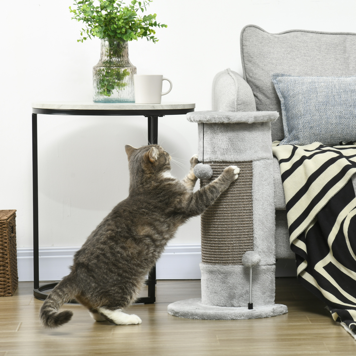 PawHut 58cm Corner Wall-Mounted Cat Scratching Post with Plush Platform, Sisal Rope & Toy Balls, Grey