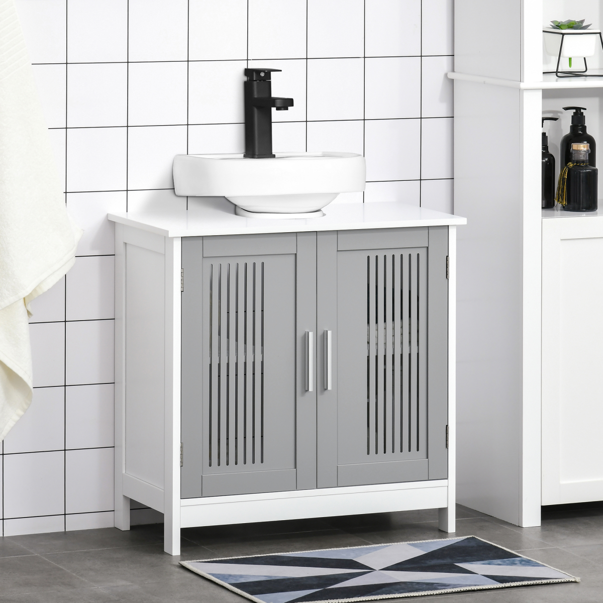 kleankin Modern Under Sink Cabinet with 2 Slatted Doors – Bathroom Vanity Storage Unit, White
