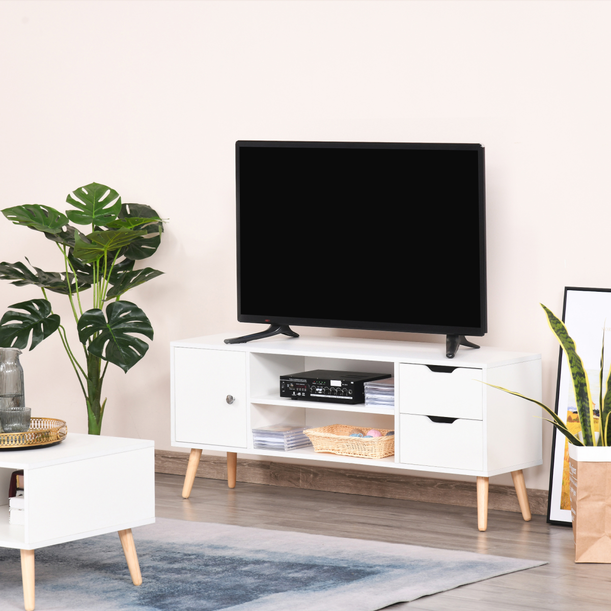 HOMCOM Scandinavian TV Stand Media Console with Open Storage Shelves – Minimalist Entertainment Unit